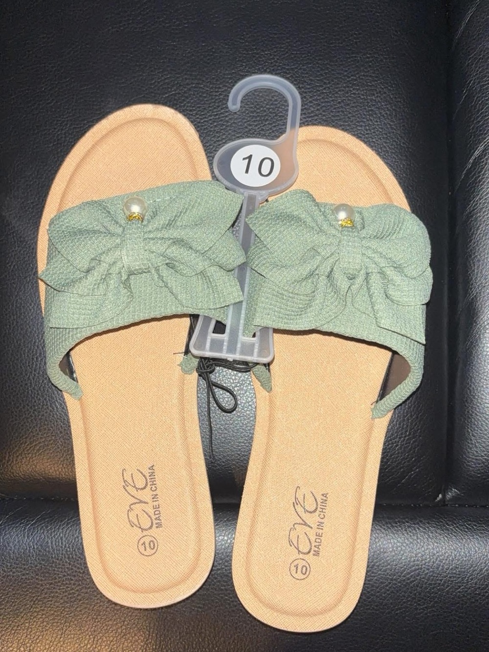 Eve Sage Green Bow Slide Sandals with Pearl Accent